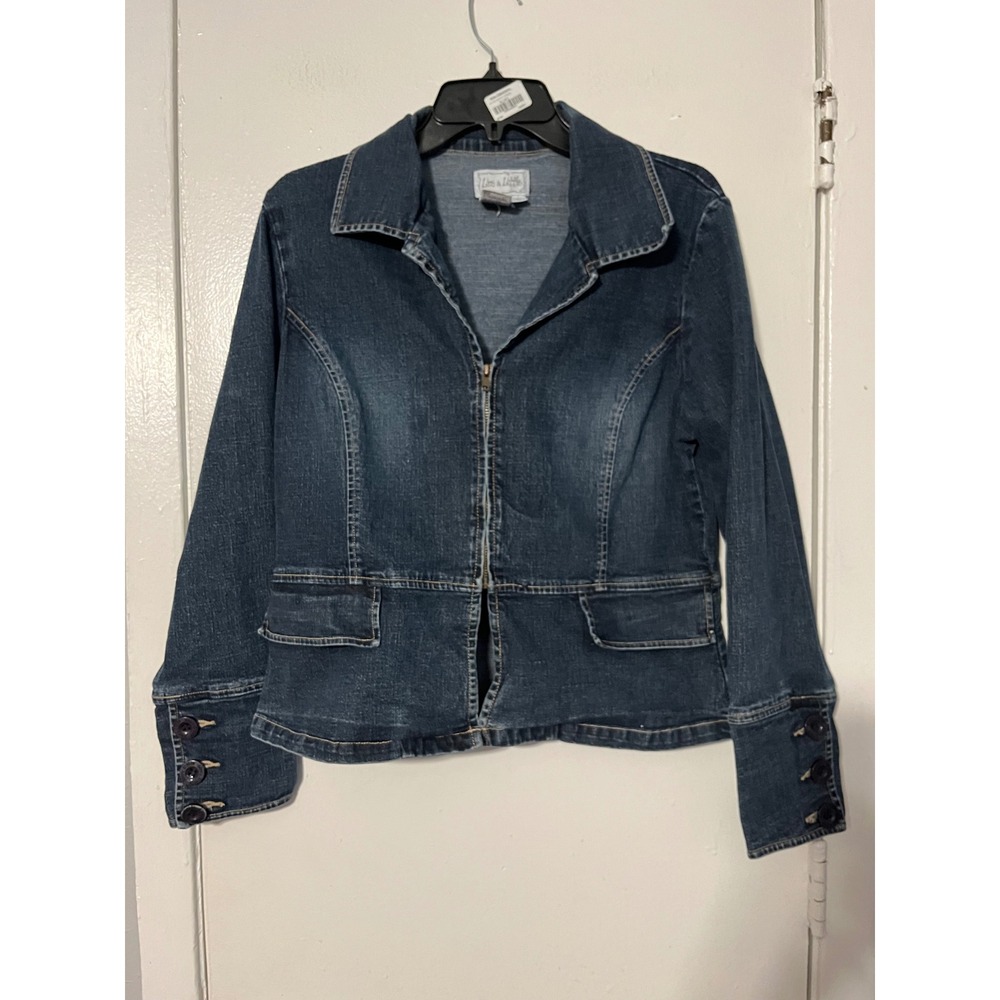 Live a Little Womens Dark Wash Zip Front Denim Jacket Size L Blue 555333